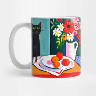 Black Cat with Still Life Flowers in a White Vase Still Life Painting Mug